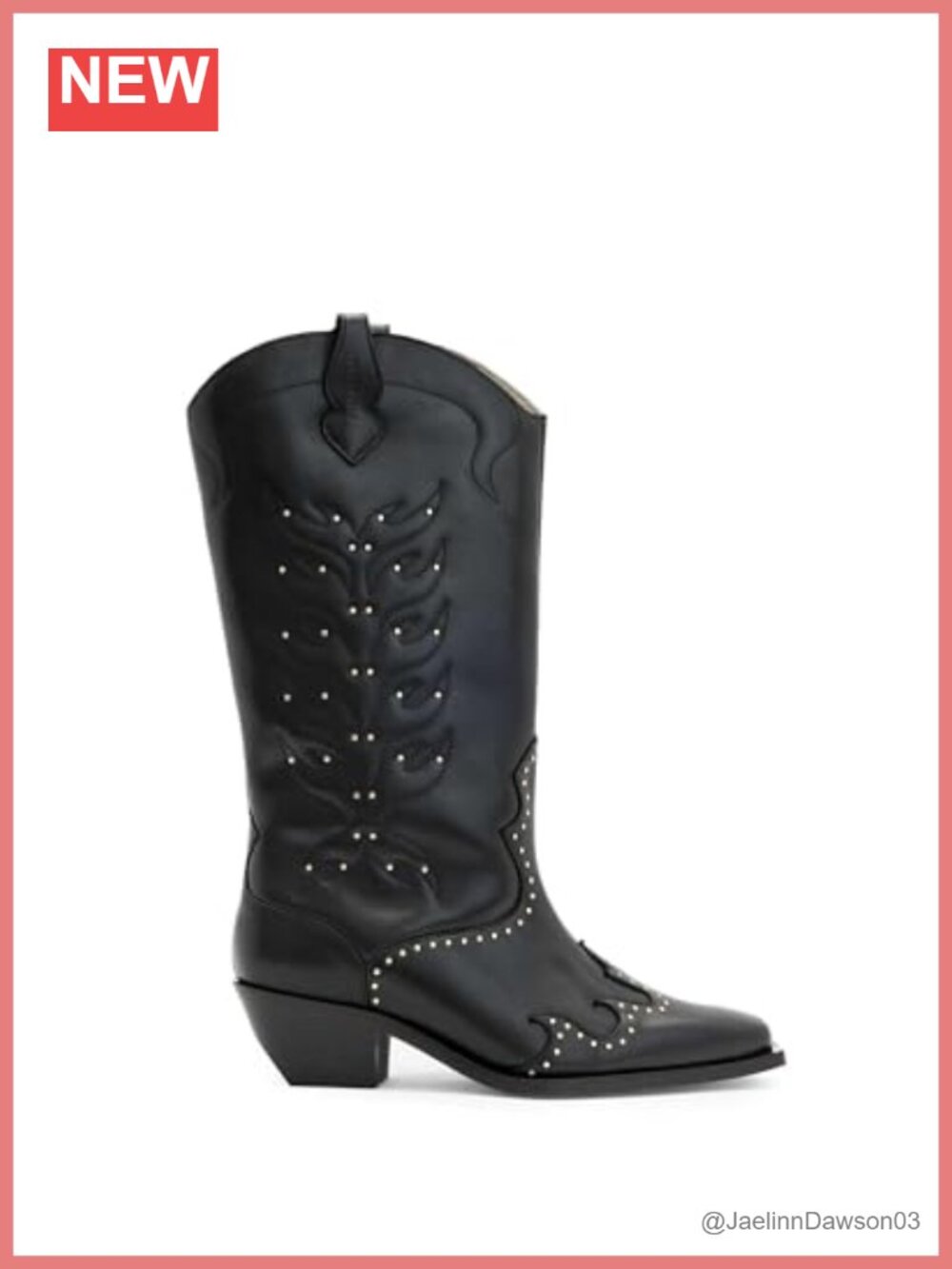 AllSaints Dolly Stud Mid Calf Boot Pointed Toe Block Heel Leather Pull On